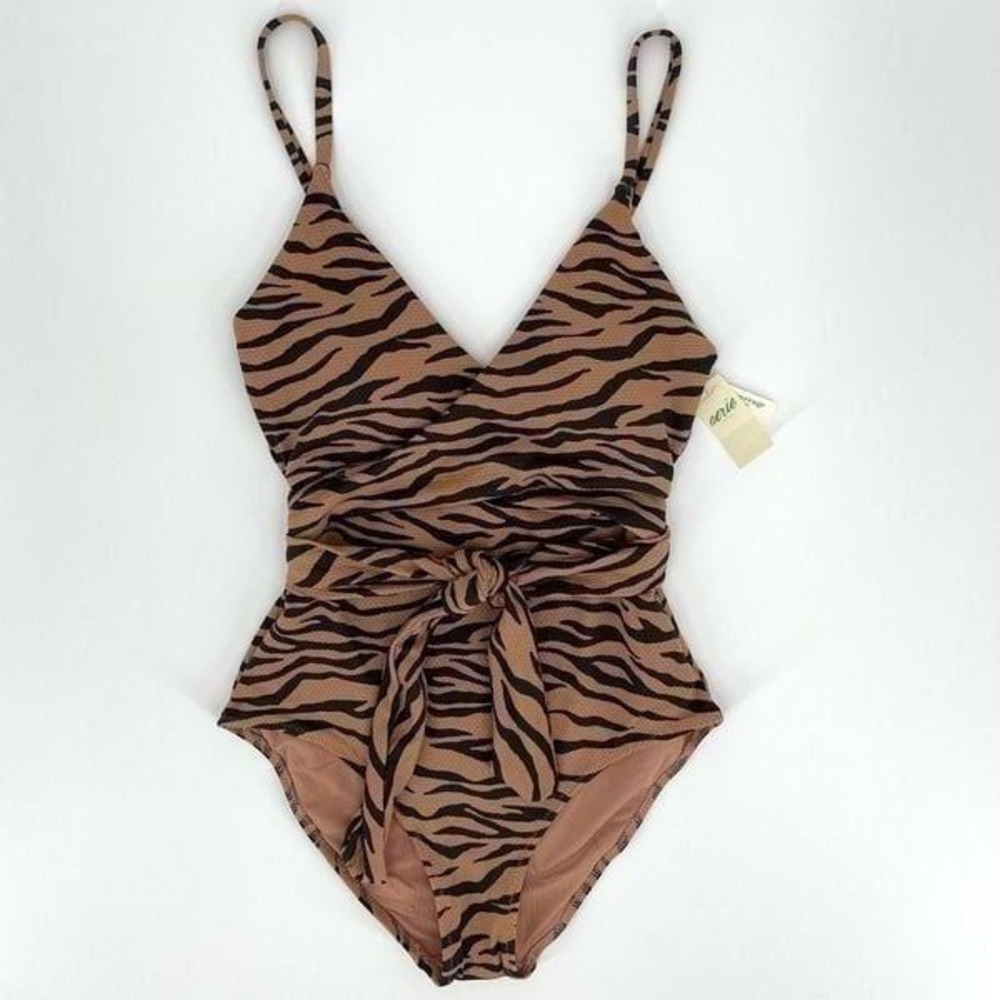 Aerie Pique Animal Print Wrap Full Coverage One Piece Swimsuit XS Brown Black